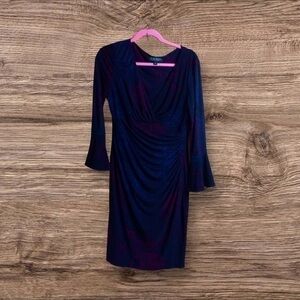 Lauren Ralph  navy blue V-neck faux wrap dress. Flare sleeve. Size 10